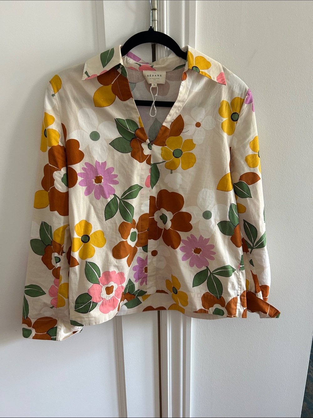 Sezane Cream Floral Button-Front Blouse with Yellow, Pink and Brown Blooms